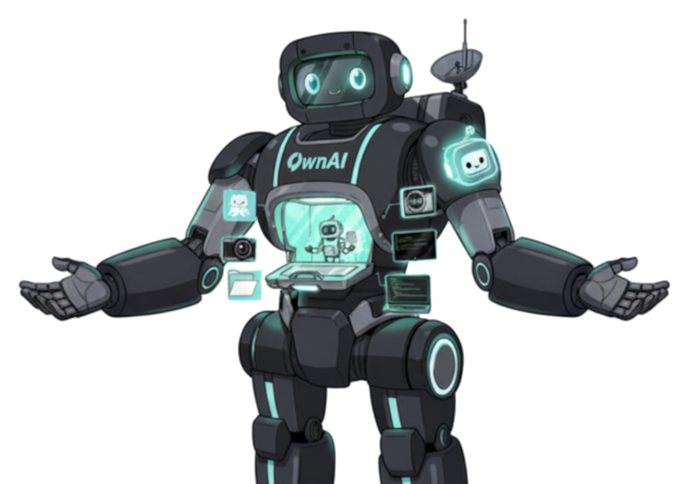 OwnAI robot mascot with coding tools and a local AI workspace